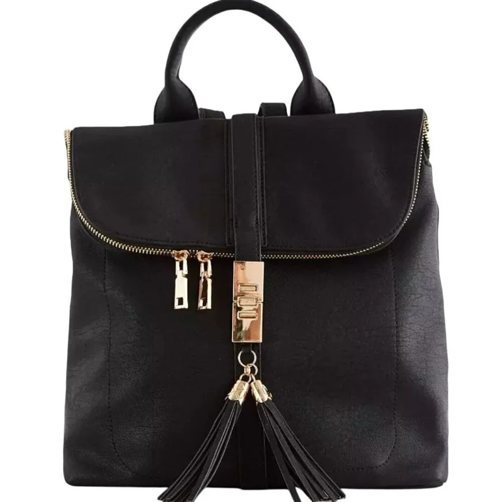 Myztique The Diana Backpack Black Faux Leather Adjustable Zip Snap Closure
